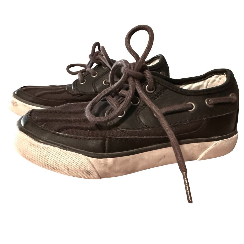 Polo Ralph Lauren Boys Leather & Canvas Dark Brown Boat Shoes Preppy Lace Up 9.5